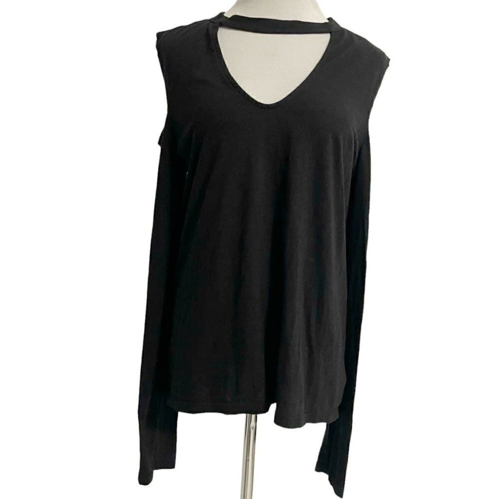 Pam & Gela Size Medium Top Blouse Cold Shoulder Long Sleeve Shirt Black